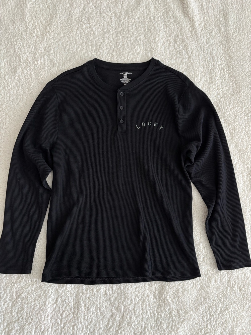 Lucky Brand Black Waffle Knit Henley Long Sleeve Shirt Men’s Large Thermal Top